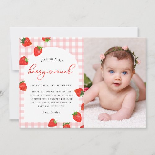 Strawberry Pink Berry Plaid Gingham Birthday Thank You Card