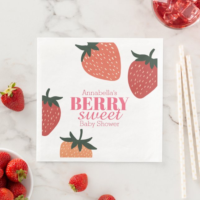 Strawberry Pink Berry Sweet Baby Shower Paper Dinner Napkins (Insitu)