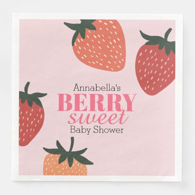 Strawberry Pink Berry Sweet Baby Shower Paper Dinner Napkins (Front)
