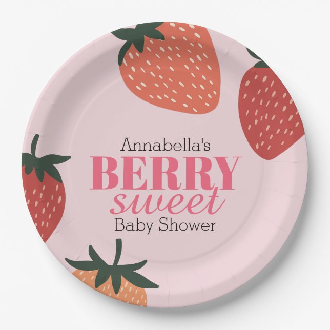 Strawberry Pink Berry Sweet Baby Shower Paper Plates (Front)