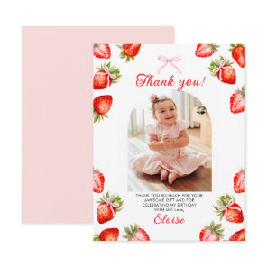 Strawberry Pink Bow 1st Birthday Thank You Card