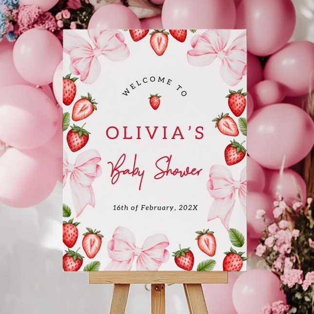 Strawberry Pink Bow Baby Shower Welcome Sign Templ (Creator Uploaded)