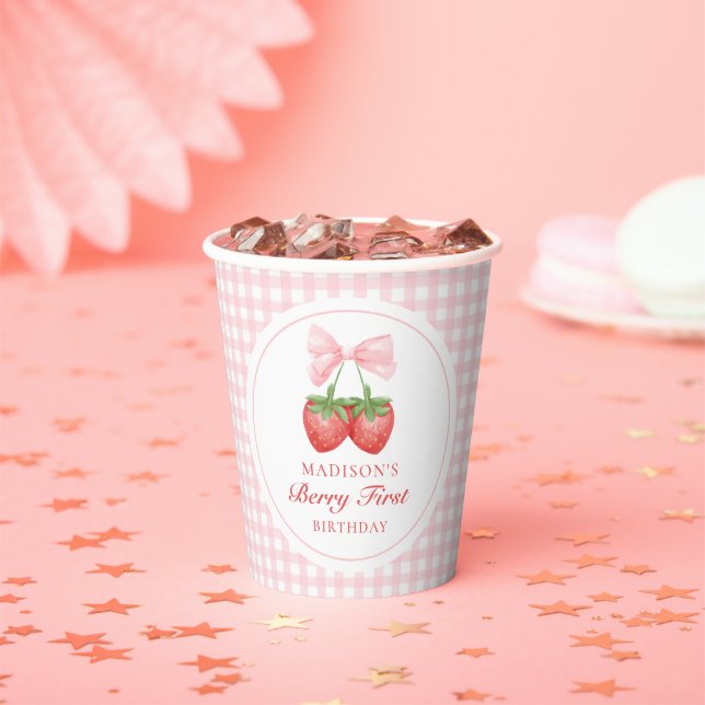Strawberry Pink Bow Girl 1st Birthday Paper Cups (Insitu)