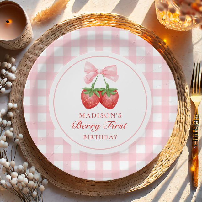 Strawberry Pink Bow Girl 1st Birthday Paper Plates (Creator Uploaded)
