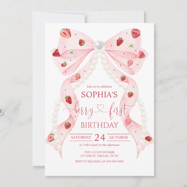 Strawberry Pink Bow Pearl 1st Birthday Invitation (Front)