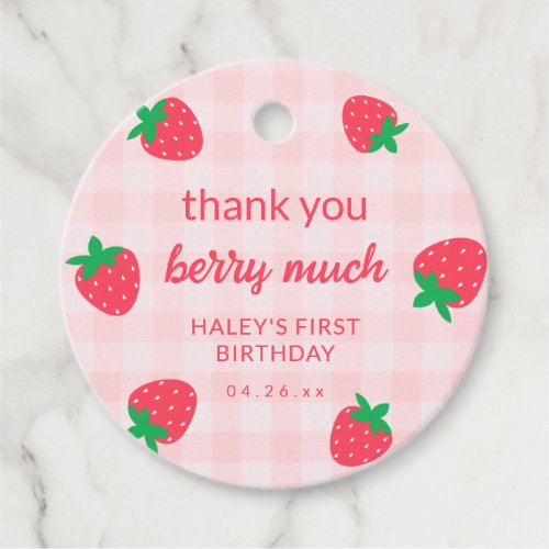 Strawberry Pink Cute Berry First 1st Baby Birthday Favor Tags