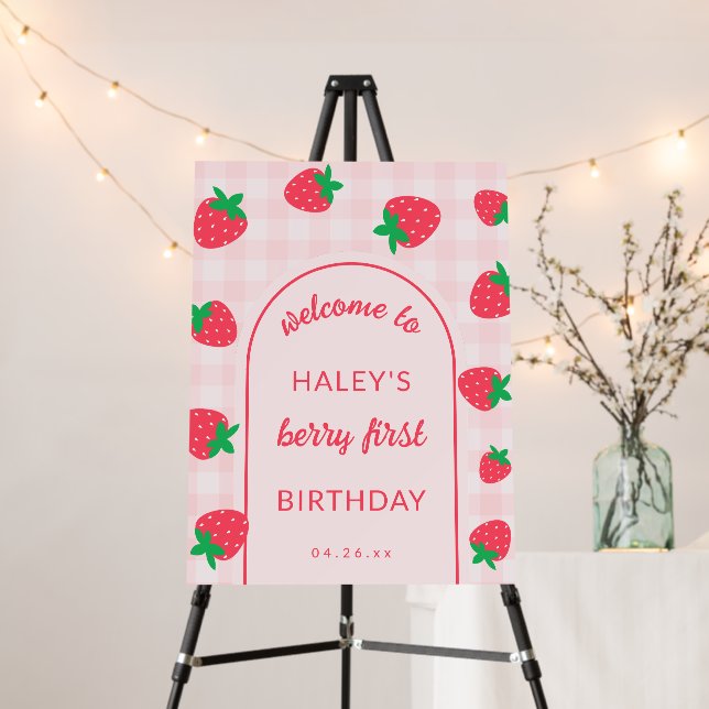 Strawberry Pink Cute Berry First 1st Baby Birthday Foam Board (In Situ (Stand))
