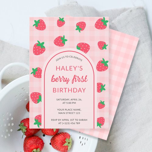 Strawberry Pink Cute Berry First 1st Baby Birthday Invitation