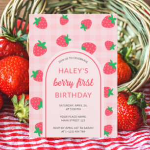 Strawberry Pink Cute Berry First 1st Baby Birthday Invitation