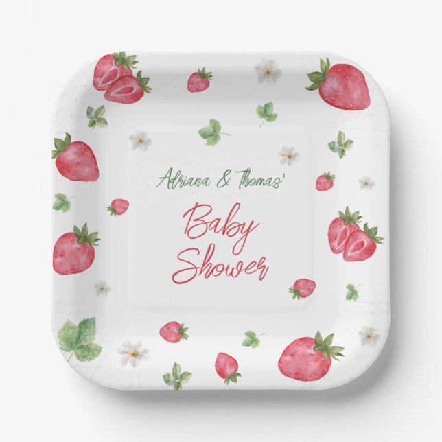 Strawberry Pink Floral Baby Shower  Paper Plates (Front)