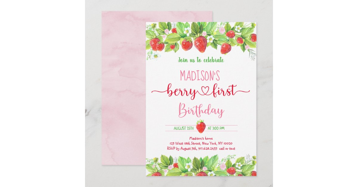 Strawberry Pink Floral Berry First Birthday Invitation | Zazzle