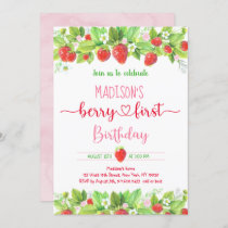 Strawberry Pink Floral Berry First Birthday Invitation