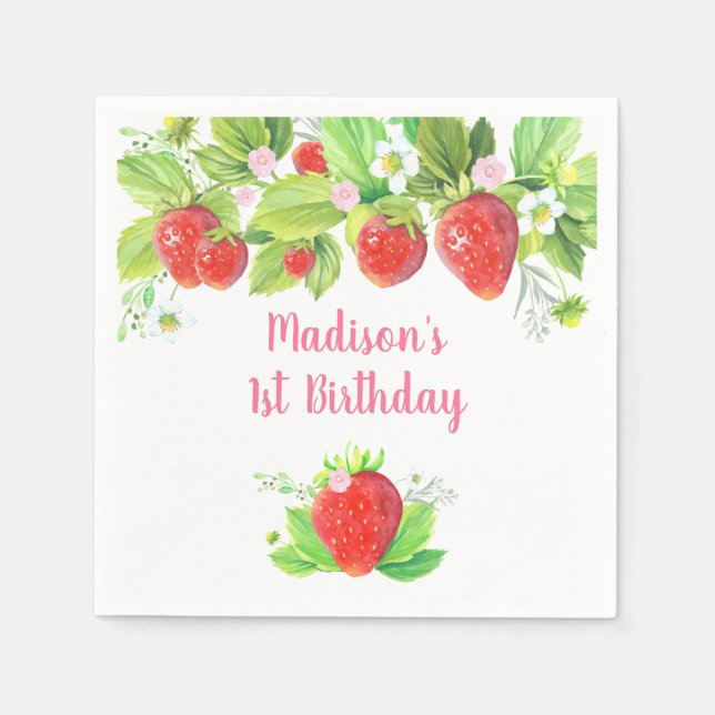 Strawberry Pink Floral Birthday Napkins (Front)