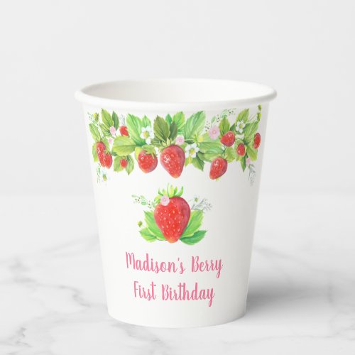 Strawberry Pink Floral First Birthday Paper Cups