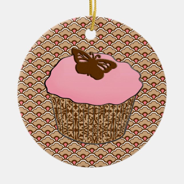 Strawberry Pink Frosted Cupcake Ceramic Ornament (Front)