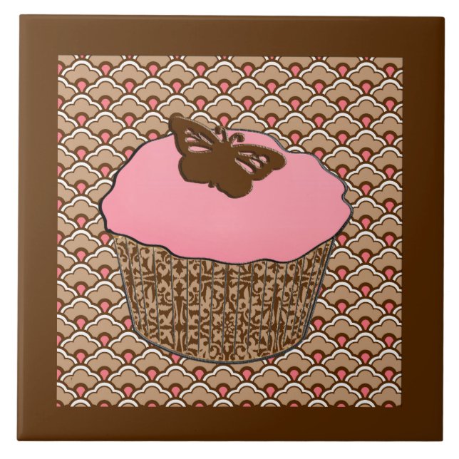Strawberry Pink Frosted Cupcake Ceramic Tile (Front)