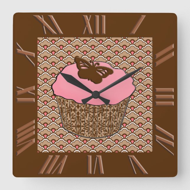 Strawberry Pink Frosted Cupcake Square Wall Clock (Front)