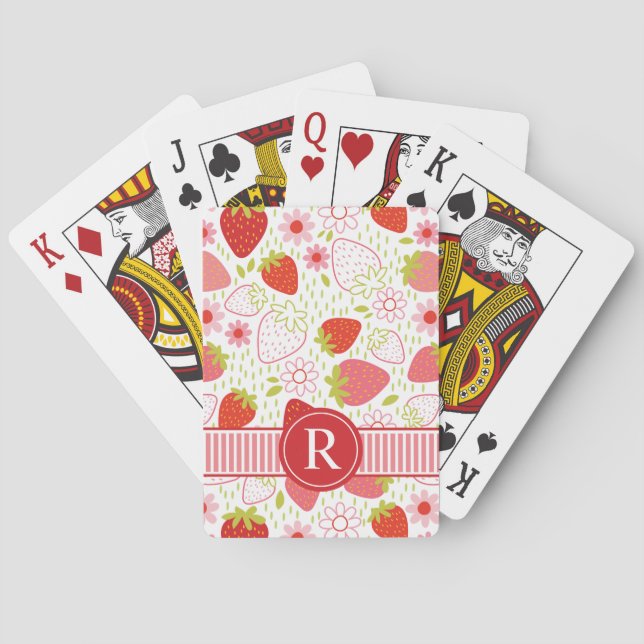 Strawberry PInk Fruit Pattern Monogram Poker Cards (Back)