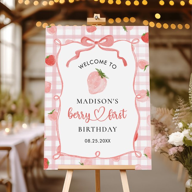  Strawberry Pink Gingham 1st Birthday Foam Board (Creator Uploaded)