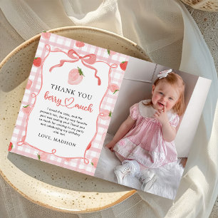 Strawberry Pink Gingham 1st Birthday Photo Thank You Card