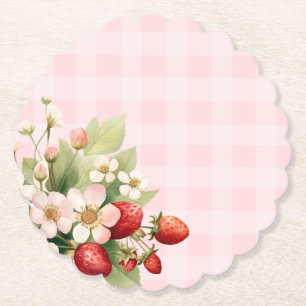 Strawberry pink gingham baby shower paper coaster