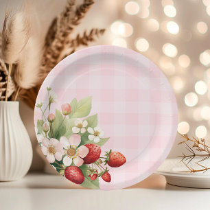 Strawberry pink gingham baby shower paper plates