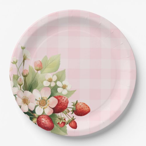 Strawberry pink gingham baby shower paper plates