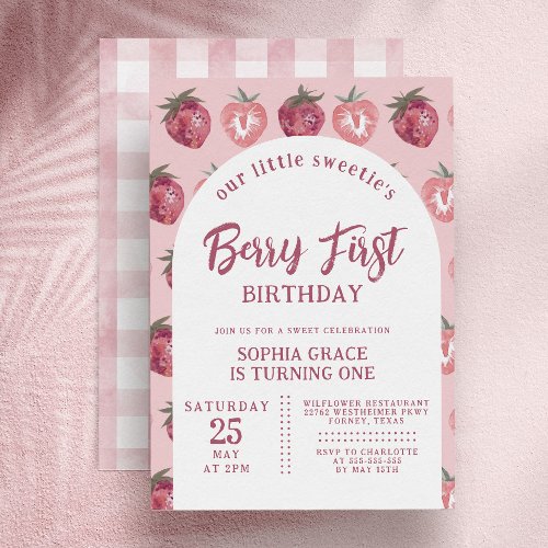 Strawberry  Pink Gingham Berry First Birthday Invitation