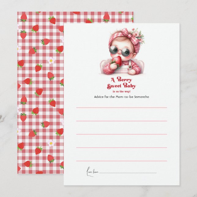 Strawberry Pink Gingham Berry Sweet Baby Shower Advice Card (Front/Back)