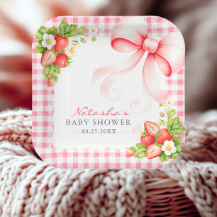Strawberry Pink Gingham Berry Sweet Baby Shower Paper Plates