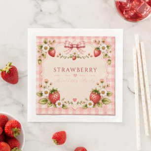 Strawberry Pink Gingham Birthday Party Paper Dinner Napkins