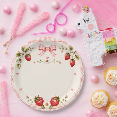 Strawberry Pink Gingham Birthday Party Paper Plates