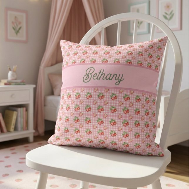 Strawberry Pink Gingham Check Pattern Throw Pillow (Creator Uploaded)