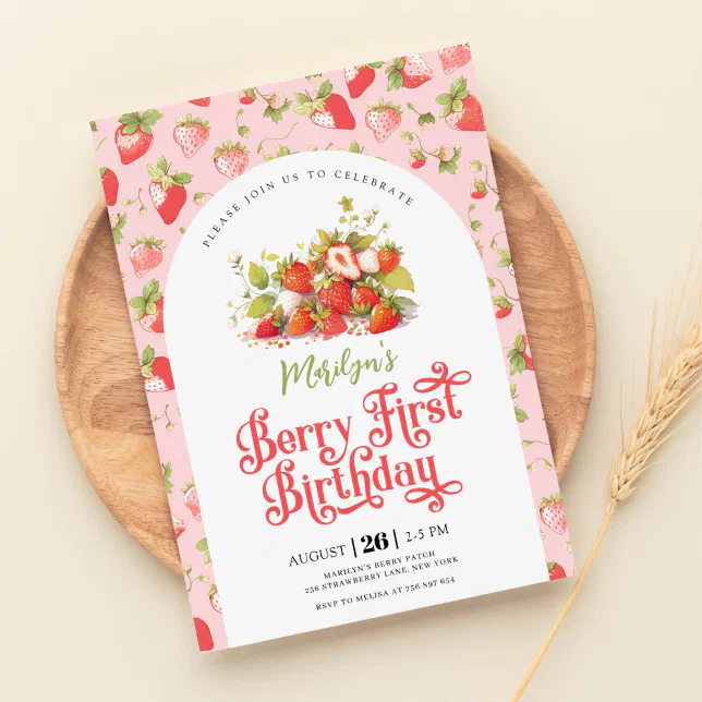 Strawberry Pink Girl Berry First Birthday Invitation | Zazzle