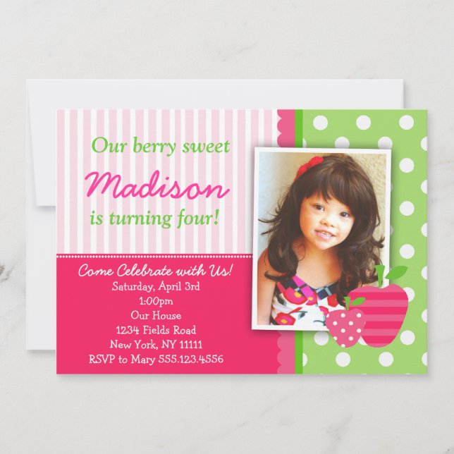 Strawberry Pink Green Birthday Party Invitations (Front)