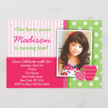 Strawberry Pink Green Birthday Party Invitations by seasidepapercompany at Zazzle