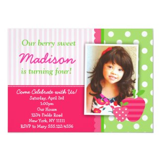 Strawberry Pink Green Birthday Party Invitations