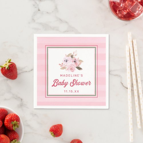 Strawberry Pink  Green Chic Floral Baby Shower Napkins