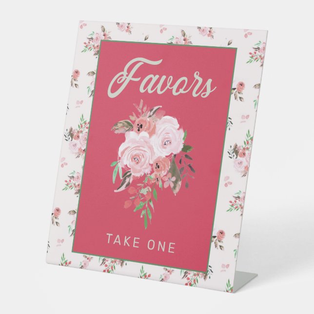 Strawberry Pink & Green Floral Favors Take One Pedestal Sign (Front)