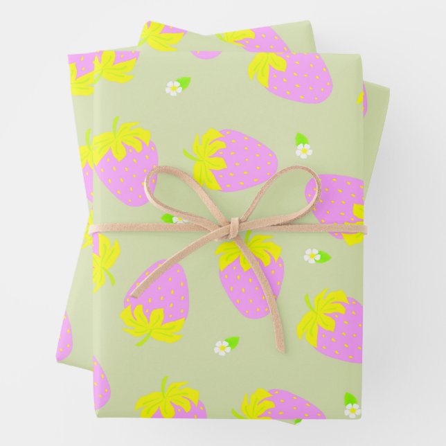 Strawberry Pink Green Wrapping Paper Sheets (In situ)