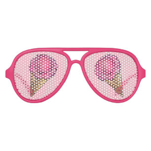 Strawberry Pink Ice Cream Scoop Waffle Cone Foodie Aviator Sunglasses