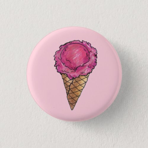Strawberry Pink Ice Cream Scoop Waffle Cone Foodie Button
