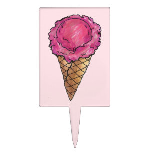 Strawberry Pink Ice Cream Scoop Waffle Cone Foodie Cake Topper