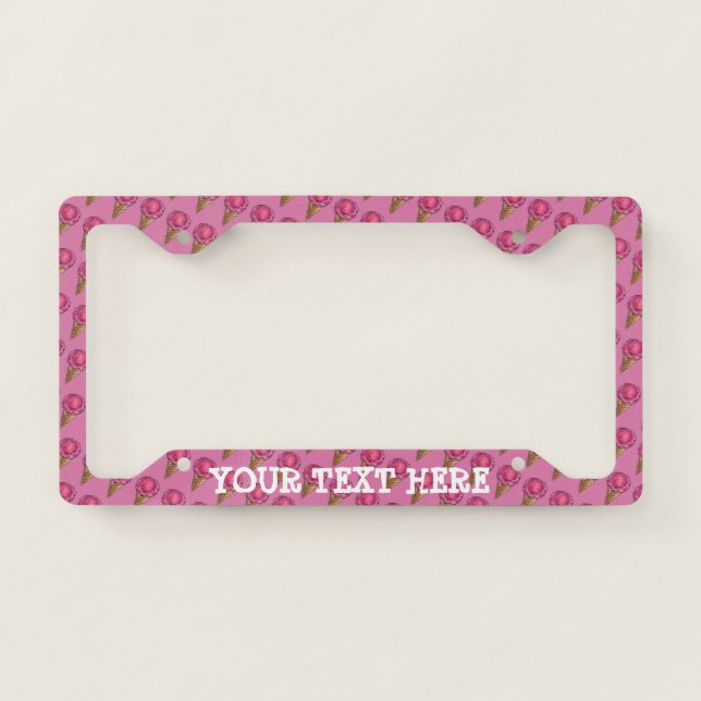 Strawberry Pink Ice Cream Scoop Waffle Cone Foodie License Plate Frame (Front)