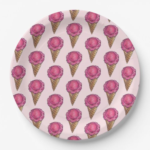 Strawberry Pink Ice Cream Scoop Waffle Cone Foodie Paper Plates