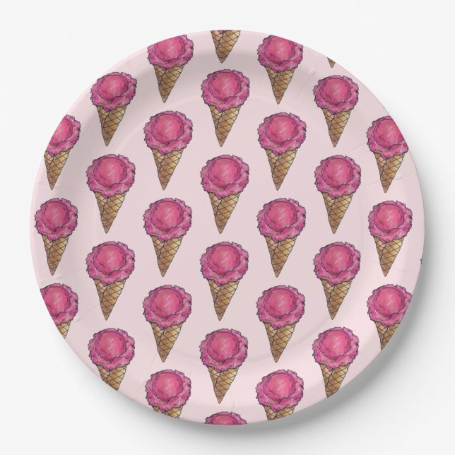 Strawberry Pink Ice Cream Scoop Waffle Cone Foodie Paper Plates (Front)