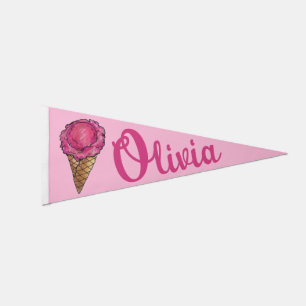 Strawberry Pink Ice Cream Waffle Cone Scoop Pennant Flag