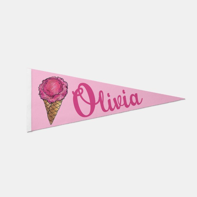 Strawberry Pink Ice Cream Waffle Cone Scoop Pennant Flag (Front)