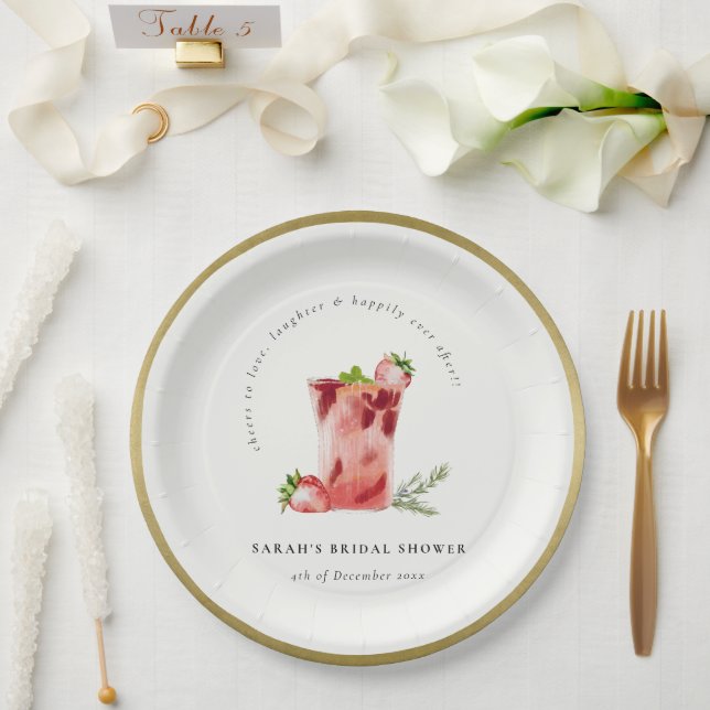 Strawberry Pink Margarita Cocktail Bridal Shower Paper Plates (Wedding)