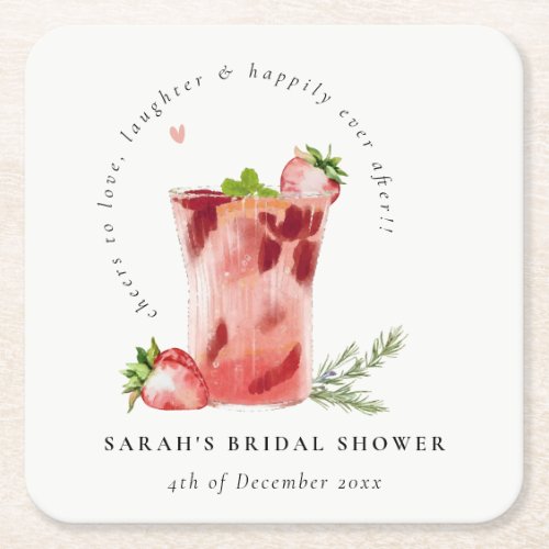 Strawberry Pink Margarita Cocktail Bridal Shower Square Paper Coaster